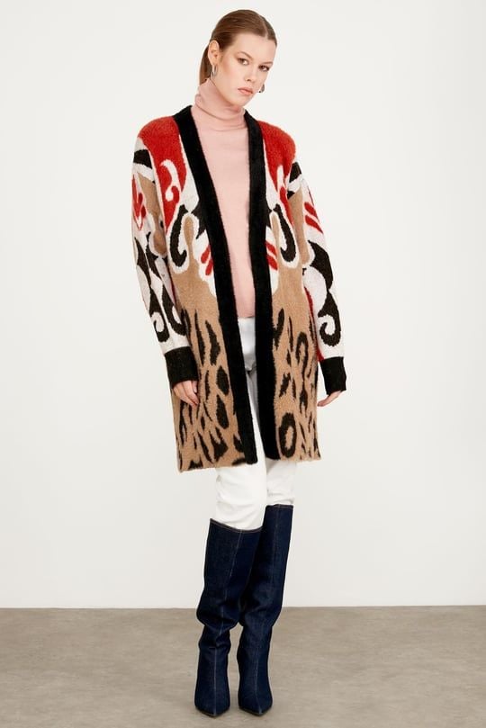 ETEK UCU LEOPAR DESENLİ HIRKA CAMEL