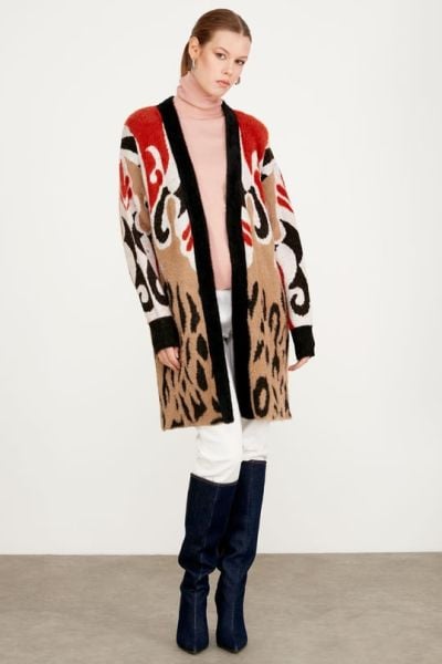 ETEK UCU LEOPAR DESENLİ HIRKA CAMEL