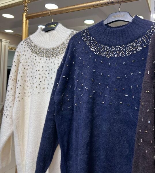 BALIKÇI YAKA BONCUK İŞLEMELİ ANGORA TUNİK /NUSS