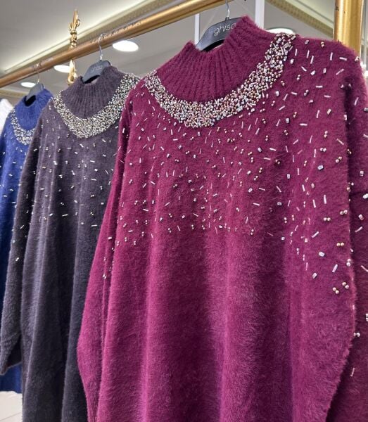 BALIKÇI YAKA BONCUK İŞLEMELİ ANGORA TUNİK /NUSS