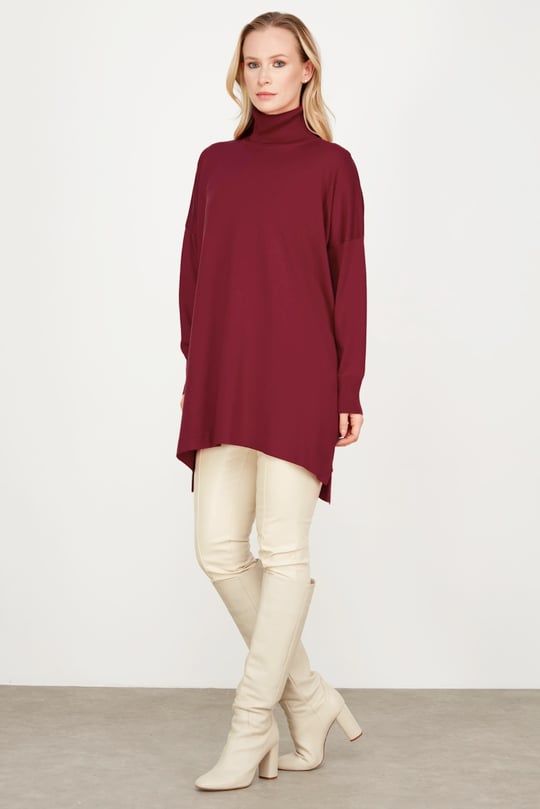 Balıkçı Yaka Oversize Basic Triko Tunik KIRMIZI