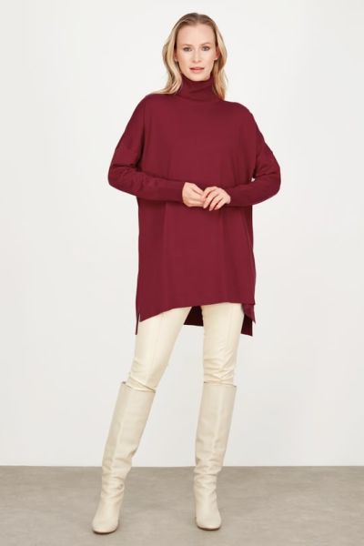 Balıkçı Yaka Oversize Basic Triko Tunik KIRMIZI