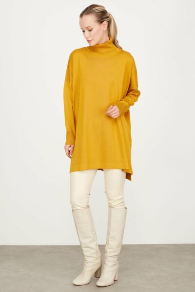 Balıkçı Yaka Oversize Basic Triko Tunik SAFRAN
