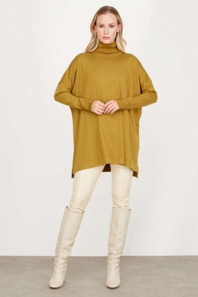 Balıkçı Yaka Oversize Basic Triko Tunik LİME