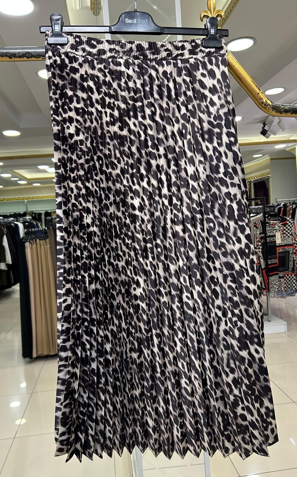 SATEN LEOPAR DESENLİ PİLİSE ETEK /SEÇİL