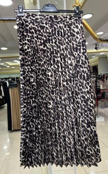 SATEN LEOPAR DESENLİ PİLİSE ETEK /SEÇİL