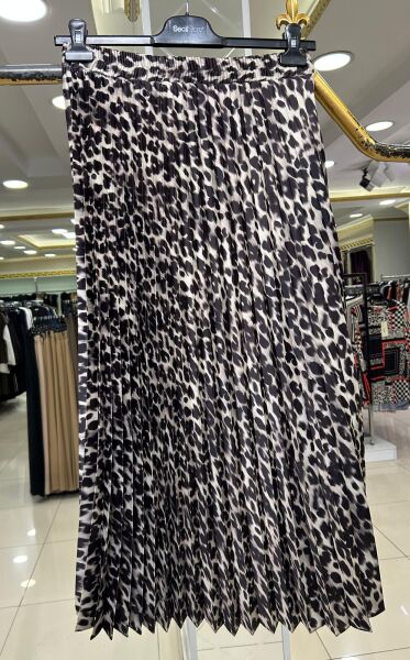 SATEN LEOPAR DESENLİ PİLİSE ETEK /SEÇİL