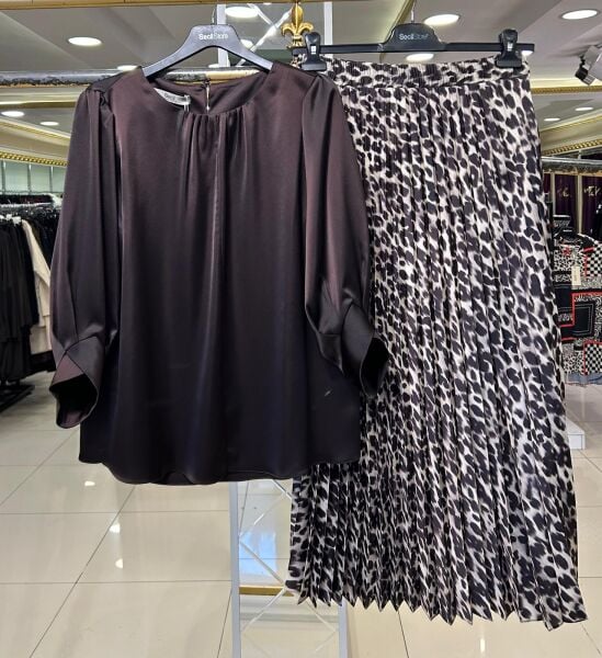 SATEN LEOPAR DESENLİ PİLİSE ETEK /SEÇİL