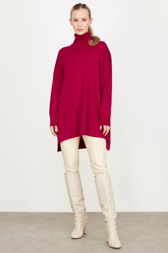 Balıkçı Yaka Oversize Basic Triko Tunik FUŞYA