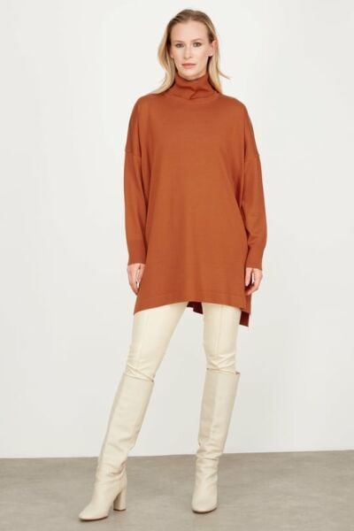 Balıkçı Yaka Oversize Basic Triko Tunik ORANJ