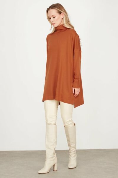 Balıkçı Yaka Oversize Basic Triko Tunik ORANJ