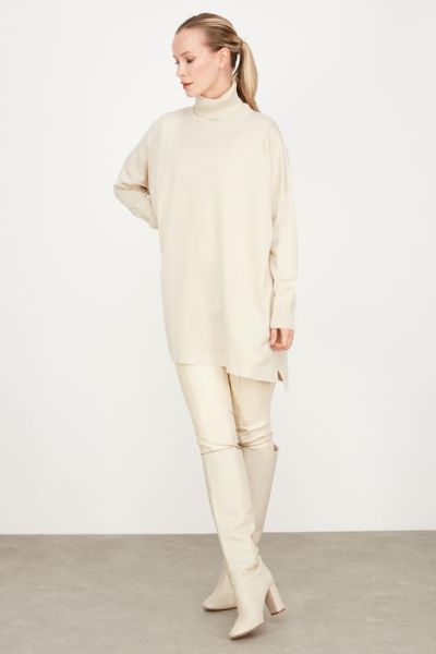 Balıkçı Yaka Oversize Basic Triko Tunik BEJ