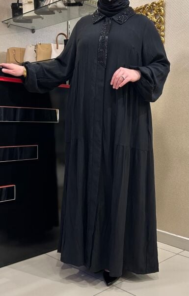 YAKASI BONCUK İŞLEMELİ CUPRA VİSKOZ ELBİSE/ LISSMORE