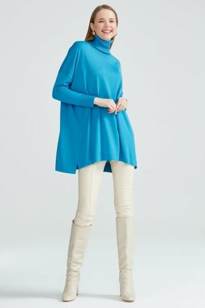 Balıkçı Yaka Oversize Basic Triko Tunik MAVİ