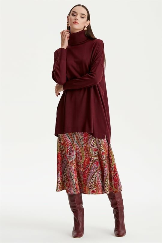 Balıkçı Yaka Oversize Basic Triko Tunik MÜRDÜM