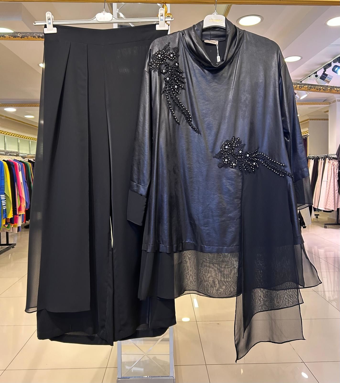 ŞİFON VE DERİ DTY İŞLEMELİ TUNİK PANTOLON TAKIM/MÜSEMMA