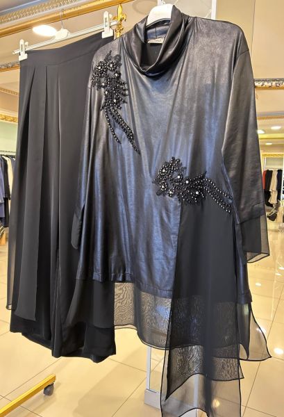 ŞİFON VE DERİ DTY İŞLEMELİ TUNİK PANTOLON TAKIM/MÜSEMMA