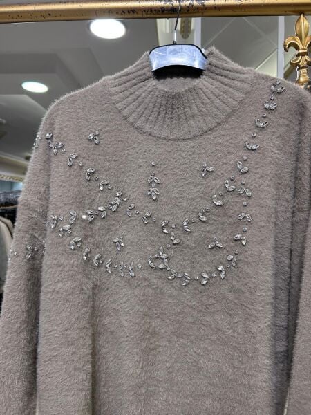 BALIKÇI YAKA TAŞ İŞLEMELİ ANGORA TUNİK/NUSS