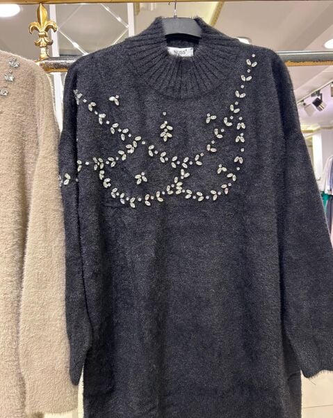 BALIKÇI YAKA TAŞ İŞLEMELİ ANGORA TUNİK/NUSS