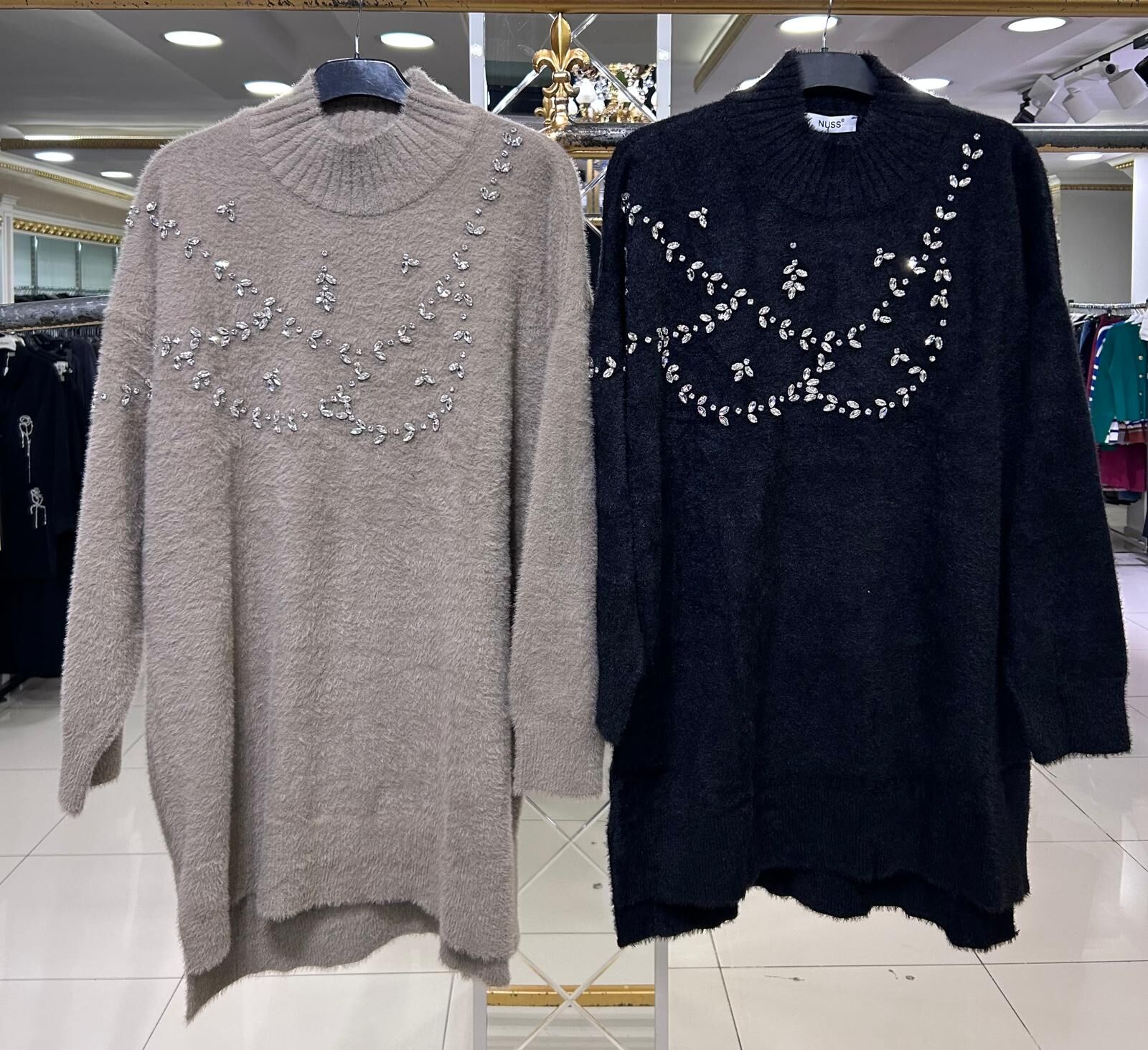 BALIKÇI YAKA TAŞ İŞLEMELİ ANGORA TUNİK/NUSS