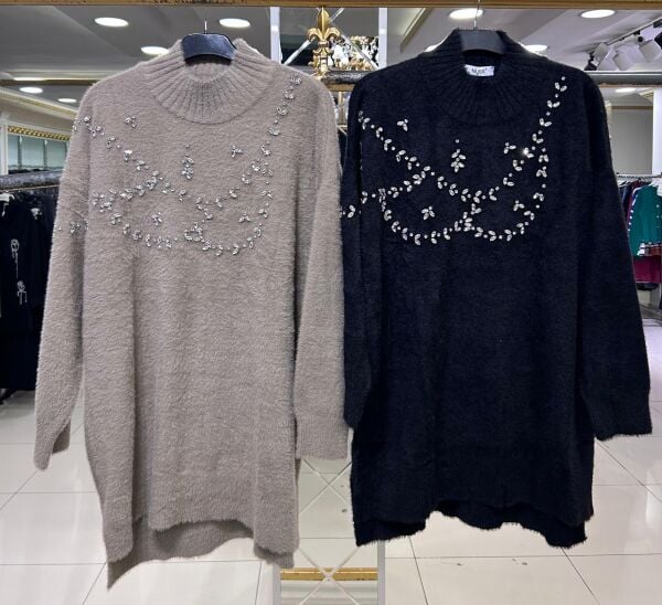 BALIKÇI YAKA TAŞ İŞLEMELİ ANGORA TUNİK/NUSS