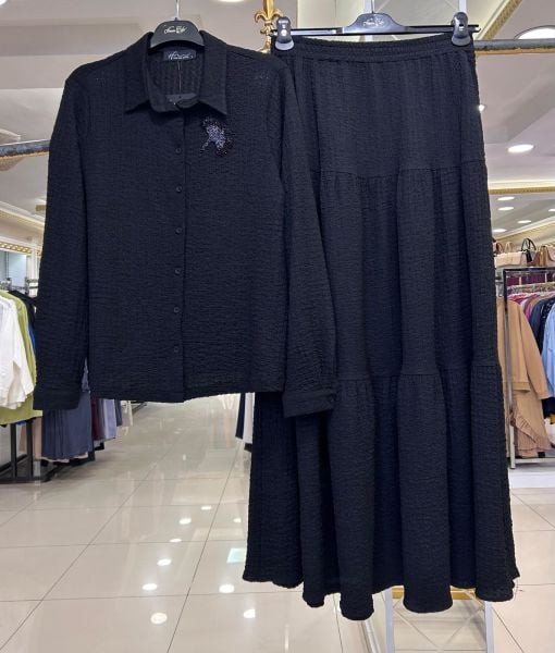 BONCUK İŞLEMELİ GOFRE KUMAŞ ETEKLİ TAKIM/NURCAN ÇETİN