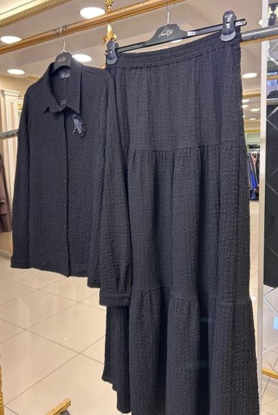 BONCUK İŞLEMELİ GOFRE KUMAŞ ETEKLİ TAKIM/NURCAN ÇETİN