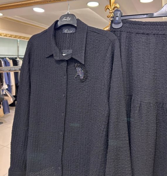 BONCUK İŞLEMELİ GOFRE KUMAŞ ETEKLİ TAKIM/NURCAN ÇETİN