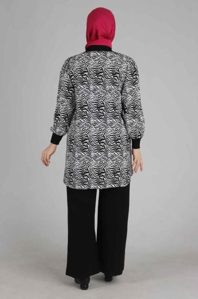 Büyük Beden Tesettür Zebra Desenli Pantolonlu Takım Siyah