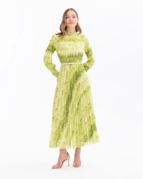 DİK YAKA KEMERLİ UZUN KOL ELBİSE/ Seçil