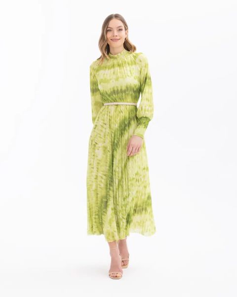 DİK YAKA KEMERLİ UZUN KOL ELBİSE/ Seçil