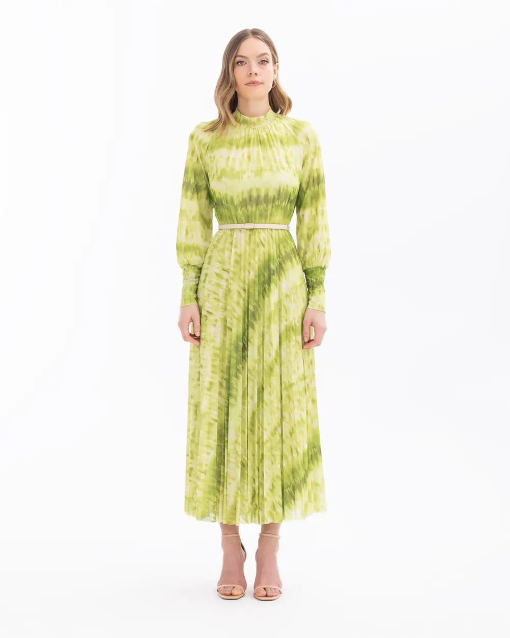 DİK YAKA KEMERLİ UZUN KOL ELBİSE/ Seçil