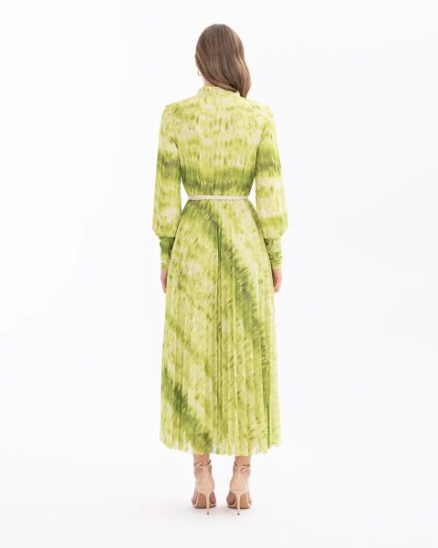 DİK YAKA KEMERLİ UZUN KOL ELBİSE/ Seçil