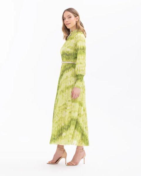 DİK YAKA KEMERLİ UZUN KOL ELBİSE/ Seçil