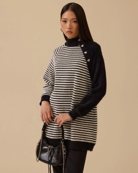 ÇİZGİLİ KALP DÜĞMELİ ANGORA TUNİK/ SEÇİL