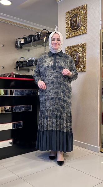 Büyük Beden Tesettür Fularlı Lyocel Elbise/BEHREM  75007