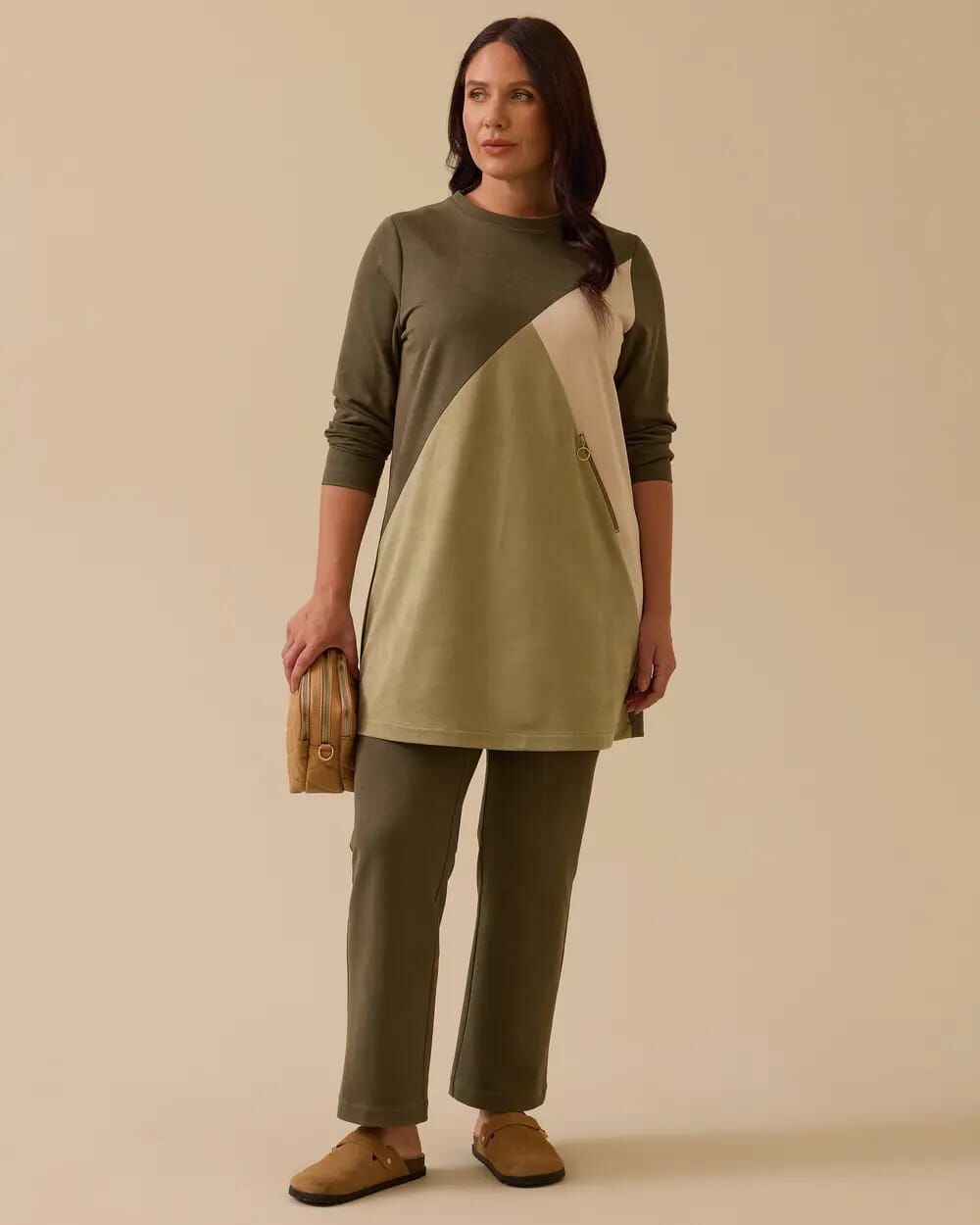 NUBUK KUMAŞ ASİMETRİK DESENLİ TUNİK PANTOLON TAKIM /SEÇİL