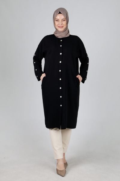 Büyük Beden Tesettür Düğmeli Kap Siyah