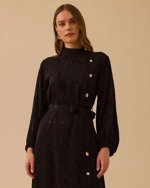 KUŞAKLI DESENLİ JAKAR ELBİSE /SEÇİL