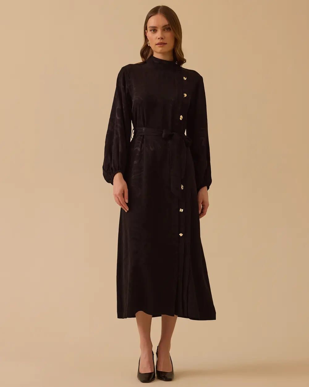 KUŞAKLI DESENLİ JAKAR ELBİSE /SEÇİL