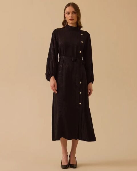 KUŞAKLI DESENLİ JAKAR ELBİSE /SEÇİL