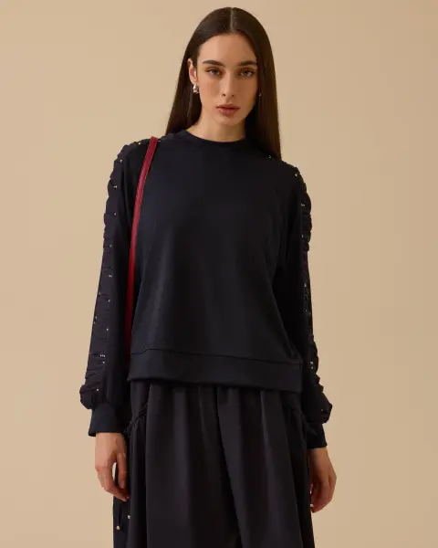 KOL DETAYLI SWEATSHIRT  VE BÜZGÜLÜ ETEK TAKIM 1021-1012 /SEÇİL