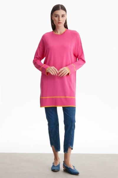 ÇİZGİ DETAYLI RAYON TUNİK FUŞYA