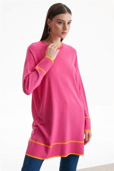 ÇİZGİ DETAYLI RAYON TUNİK FUŞYA