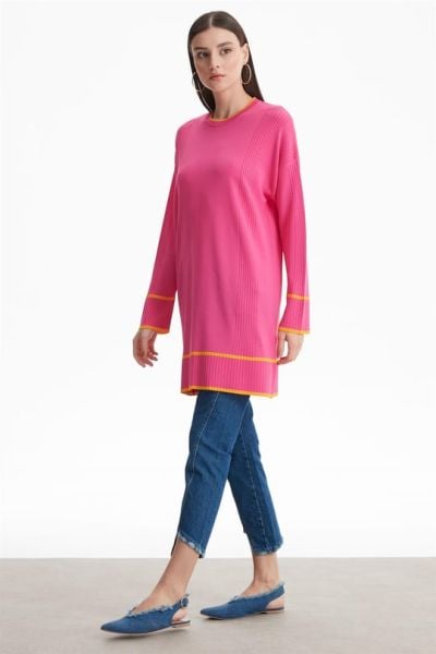 ÇİZGİ DETAYLI RAYON TUNİK FUŞYA