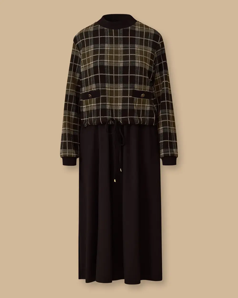 EKOSE DESENLİ ÇİFT KUMAŞLI ELBİSE/ SEÇİL