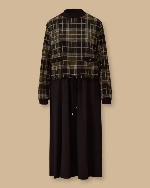 EKOSE DESENLİ ÇİFT KUMAŞLI ELBİSE/ SEÇİL