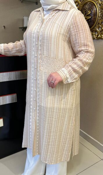 DANTEL İŞLEMELİ ÇİZGİLİ VİZKOZ GÖMLEK /SEÇİL