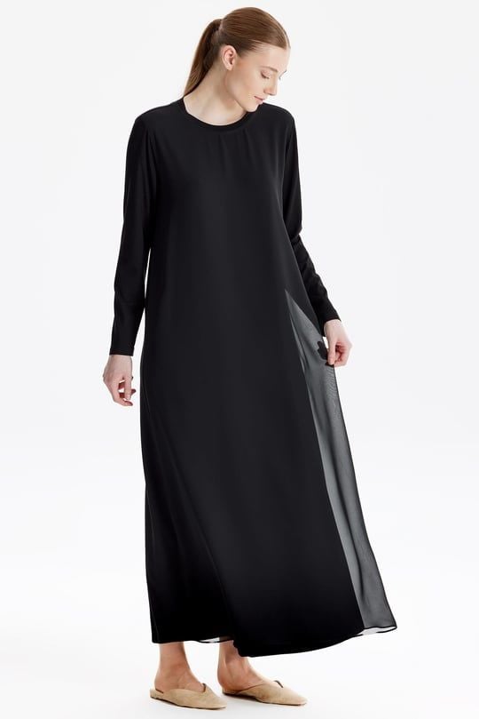 ÖNÜ ŞİFONLU UZUN KOL İÇLİK ELBİSE/TIĞTRİKO