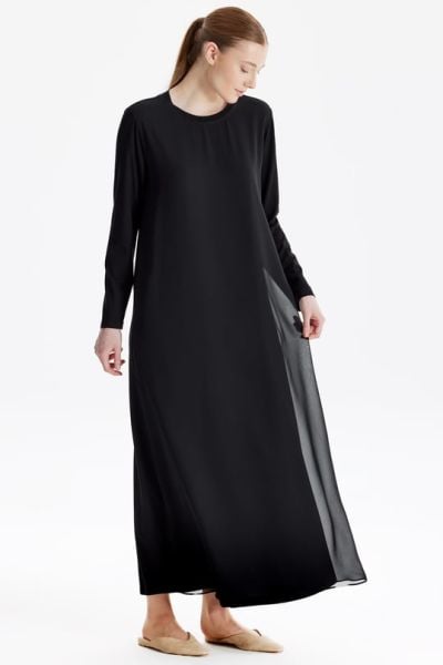 ÖNÜ ŞİFONLU UZUN KOL İÇLİK ELBİSE/TIĞTRİKO